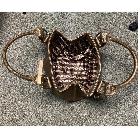 Tignanello Metallic Gold Bronze Leather Satchel Bag Chain-Print Lining - Picture 7 of 9